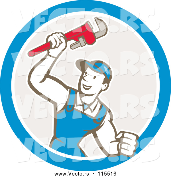 Cartoon Vector of Retro Caucasian Male Plumber Holding up a Monkey Wrench in a Blue White and Taupe Circle