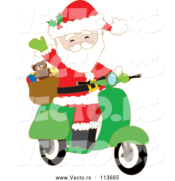 Cartoon Vector of Santa Claus Waving and Driving a Christmas Scooter