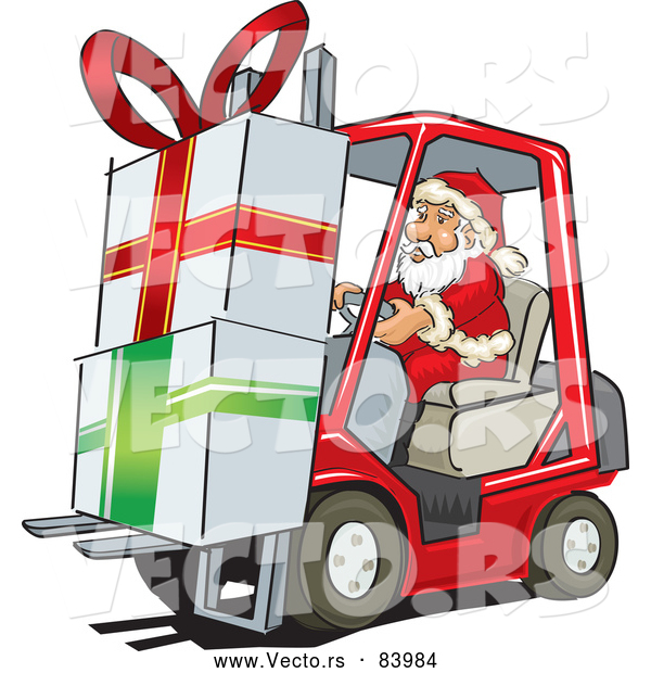 Cartoon Vector of Santa Delivering Big Presents with Forklift