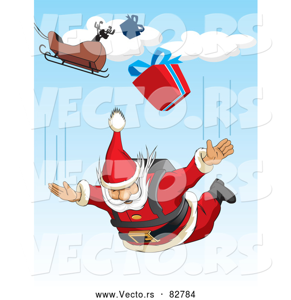 Cartoon Vector of Santa Sky Diving with Presents from His Sleigh