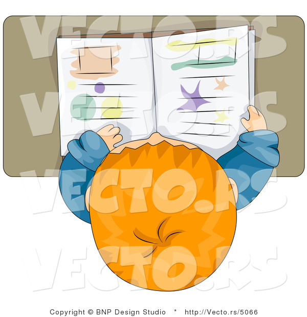Cartoon Vector of School Boy Reading Book at His Desk