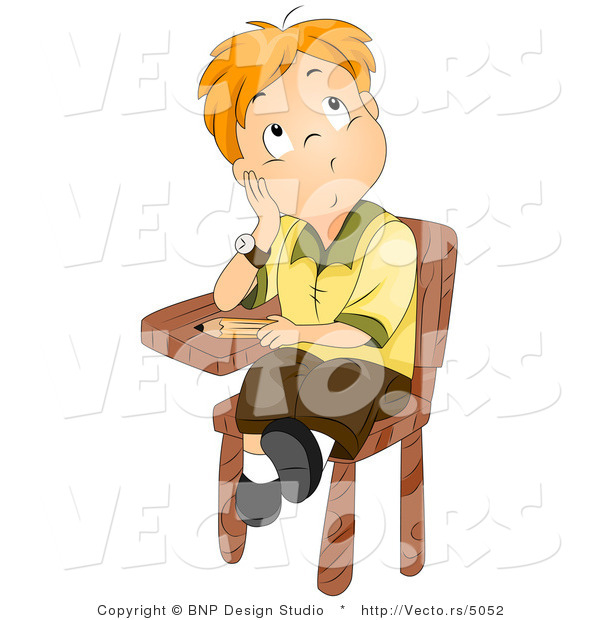 Cartoon Vector of School Boy Sitting at His Desk While Thinking