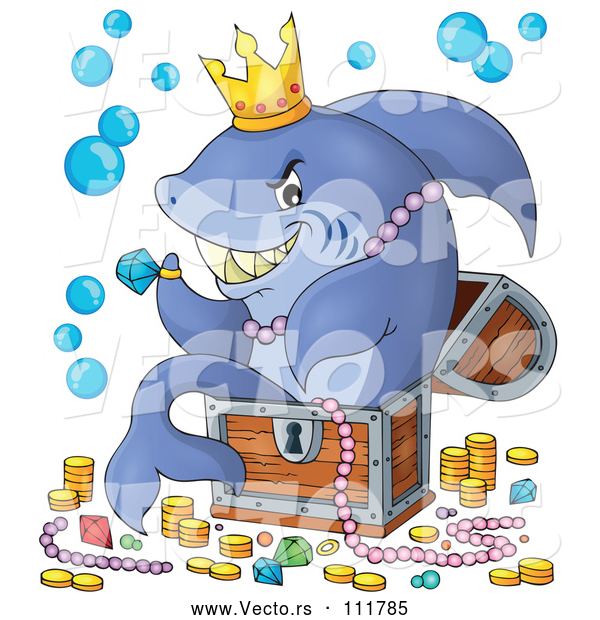 Cartoon Vector of Shark Sitting in a Treasure Chest and Surrounded by Booty