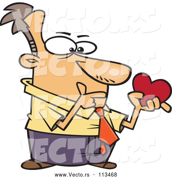Cartoon Vector of Single White Valentines Day Man Thinking and Holding a Heart