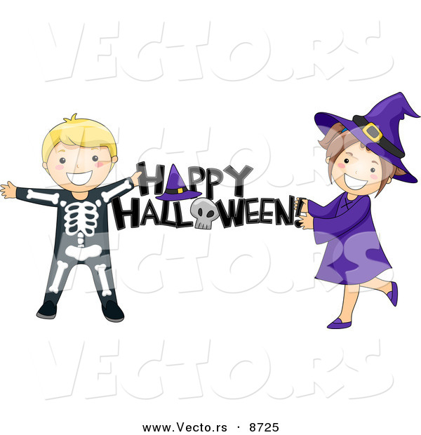 Cartoon Vector of Skeleton and Witch Kids Holding a "Happy Halloween" Sign