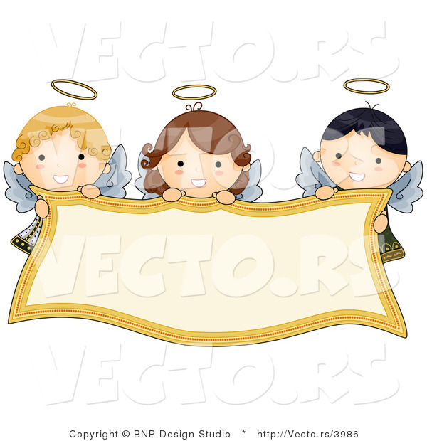 Cartoon Vector of Smiling Angels Holding Blank Banner