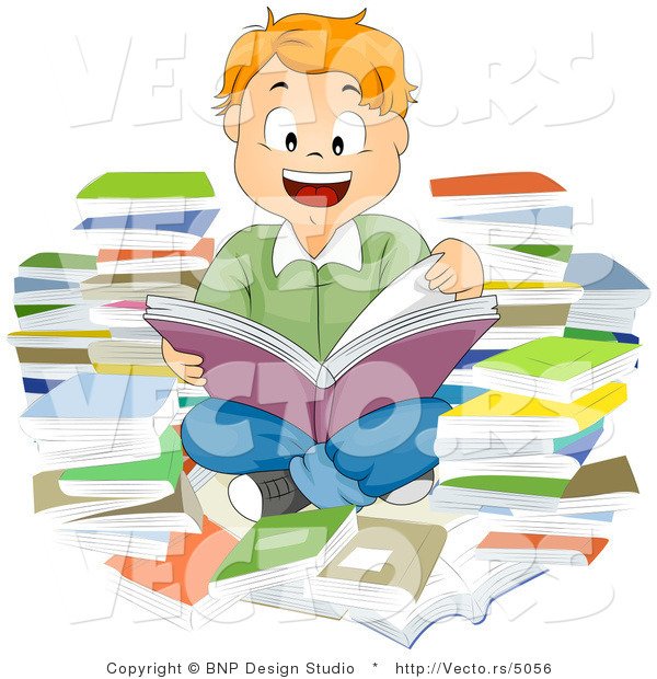 Cartoon Vector of Smiling School Boy Reading Book Within a Pile Books