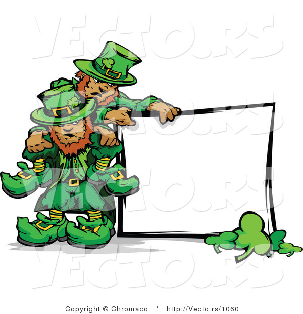 Cartoon Vector of St. Patrick's Day Leprechauns Standing Beside Blank Sign with Shamrocks