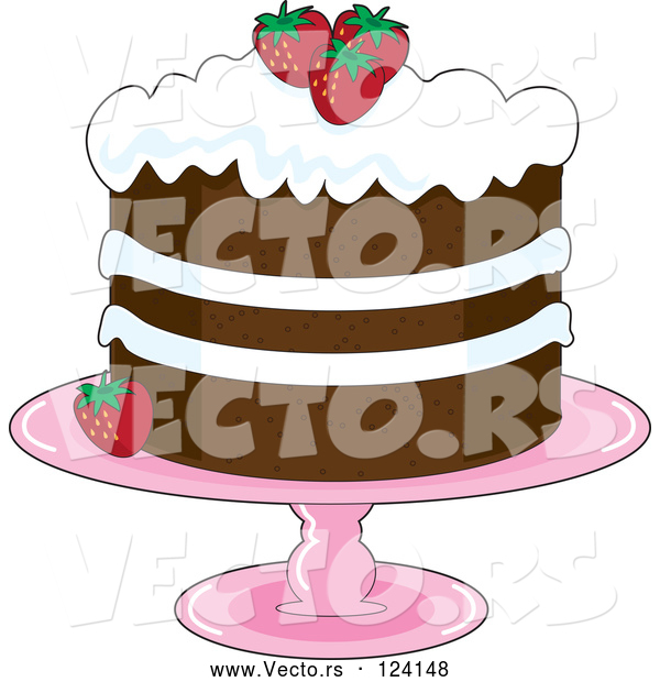 Cartoon Vector of Strawberry Shortcake with Whipped Cream Icing and Garnished with Fresh Strawberries