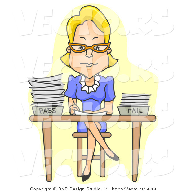 Cartoon Vector of Teacher Sitting at Desk with Legs Crossed While Grading Tests