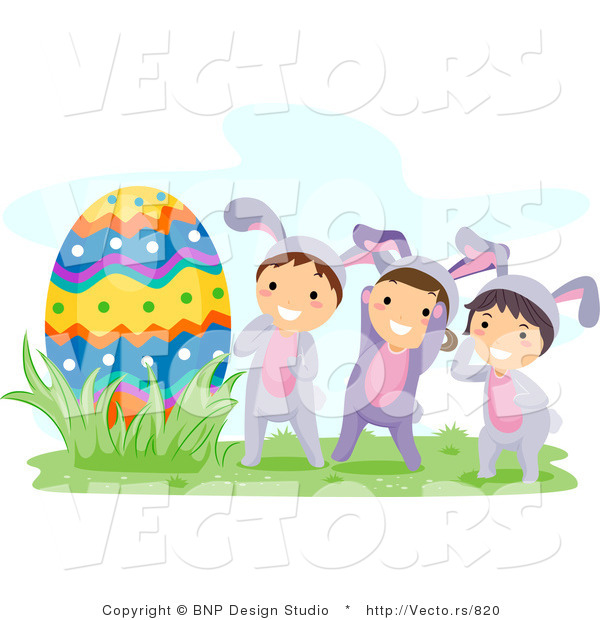 Cartoon Vector of Three Happy Kids in Bunny Costumes Beside a Giant Egg
