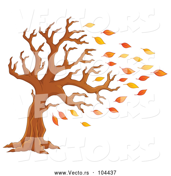 Cartoon Vector of Tree Being Stripped of Autumn Leaves in a Breeze