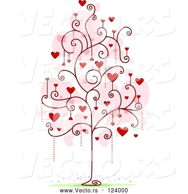 Cartoon Vector of Tree with Red Heart and Spiral Foliage
