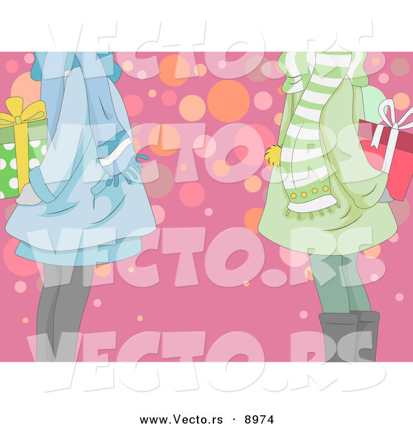 Cartoon Vector of Two Girls Exchanging Presents on Christmas