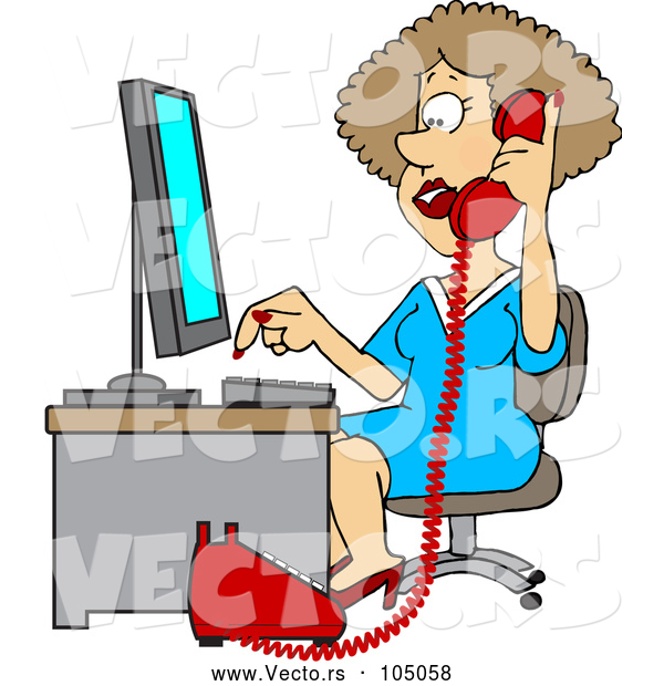 Cartoon Vector of White Female Secretary Taking a Phone Call