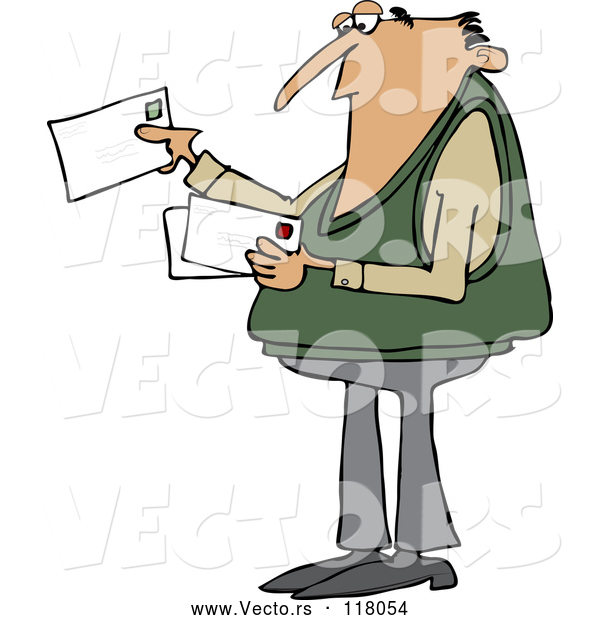Cartoon Vector of White Man Looking at Letter Mail Envelopes