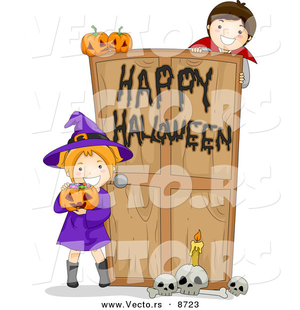 Cartoon Vector of Witch and Vampire Kids at a Happy Halloween Haunted House Door