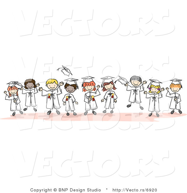 Cartoon Vector of Young Happy Graduates Standing in Horizontal Line