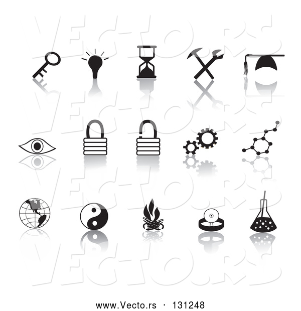 Collection Vector of Black Random Icons on a Reflective White Background