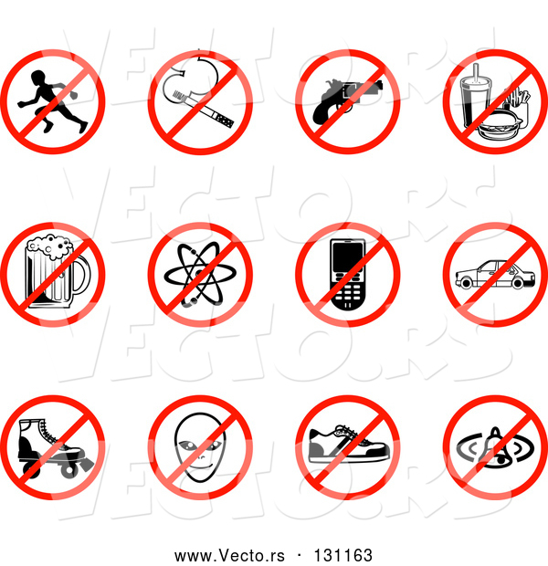 Collection Vector of Restriction Icons Showing No Running, Smoking, Guns, Fast Food, Beer, Atoms, Cell Phones, Driving, Skating, Aliens, Shoes, and Bells