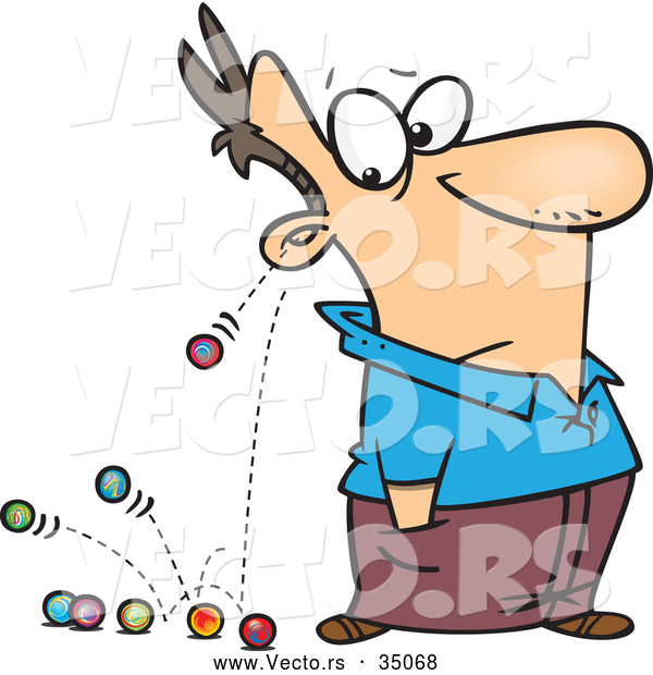 Concept Vector of Marbles Rolling out of Cartoon Man's Ears