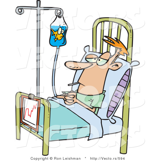 Funny Vector of a Sick Man Attached to an IV While Resting in a Hospital Bed