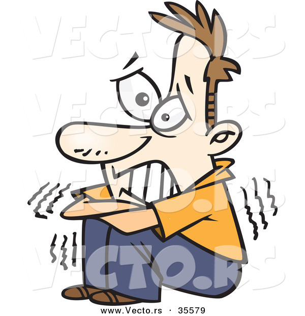 Halloween Cartoon Vector of a Scared Man Shaking with Arms Crossed and Teeth Clenched