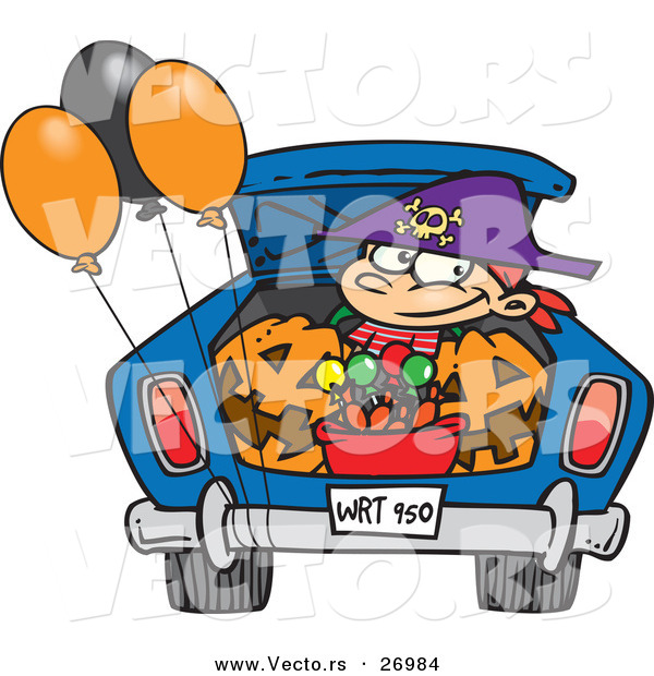Halloween Vector of a Cartoon Trick-or-Treater Riding in the Trunk of a Car with Full Bucket of Candy