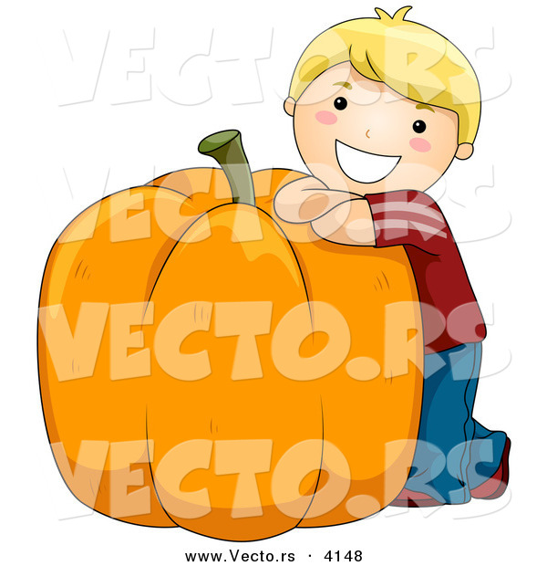 Halloween Vector of a Happy Cartoon Boy Leaning on Giant Pumpkin with Big Smile on His Face