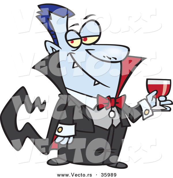 Halloween Vector of a Suave Cartoon Vampire Holding Wine Glass Full of Blood
