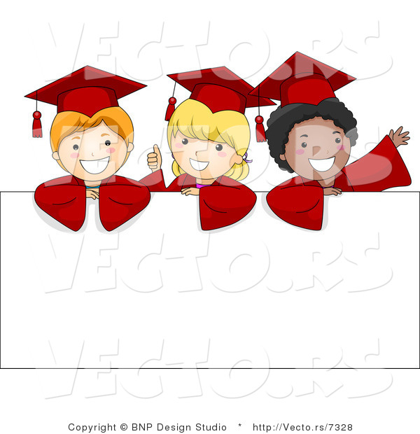 Vector Cartoon of 3 Graduate Kids Standing Behind a Blank Sign