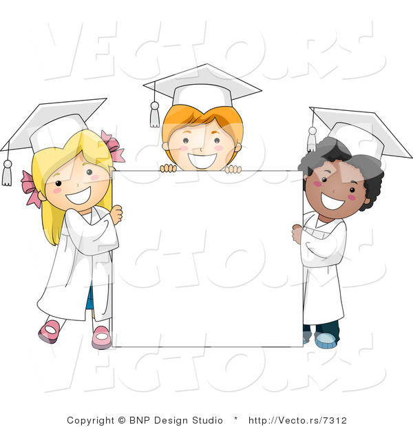 Vector Cartoon of 3 Young Graduates Standing Around a Blank Sign