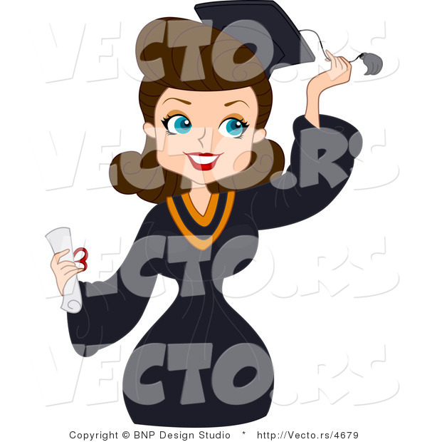 Vector Cartoon of Graduate Pinup Girl Grabbing Her Tassel While Smiling