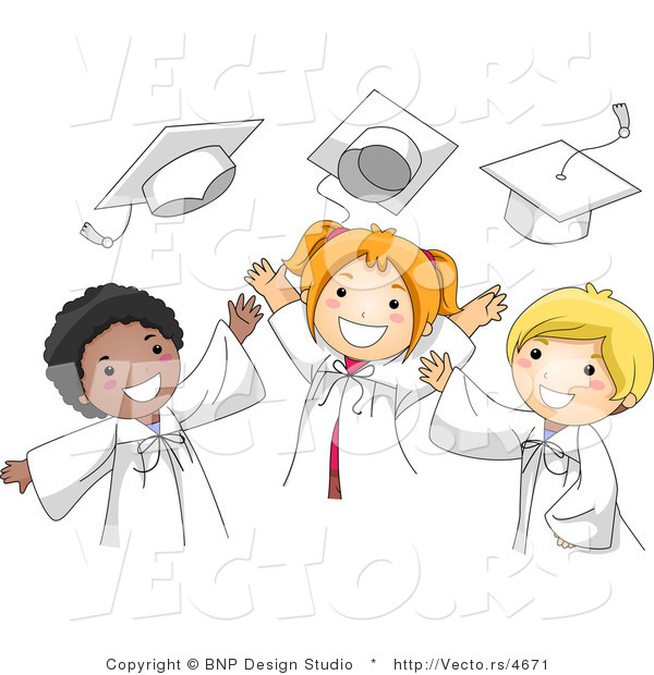Vector Cartoon of Graduates Happily Tossing Their Caps into the Air