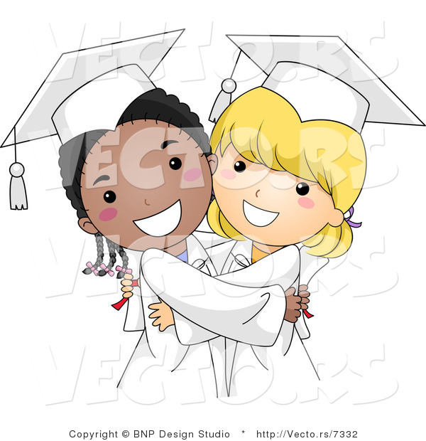 Vector Cartoon of Happy Black and White Graduate Girls Hugging