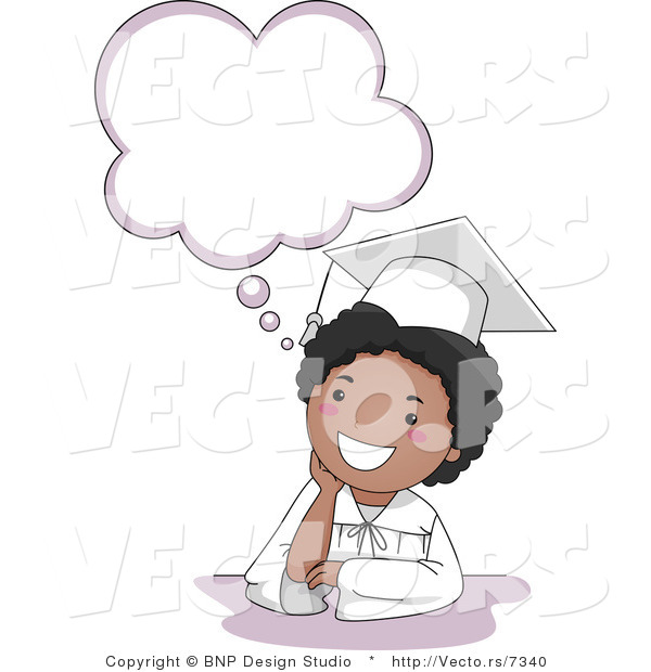 Vector Cartoon of Happy Black Graduate Boy Beside Thought Cloud