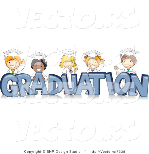 Vector Cartoon of Happy Diverse Graduates Standing Behind GRADUATION Text