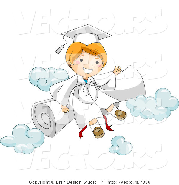 Vector Cartoon of Happy Graduate Boy Sitting on a Diploma and Clouds
