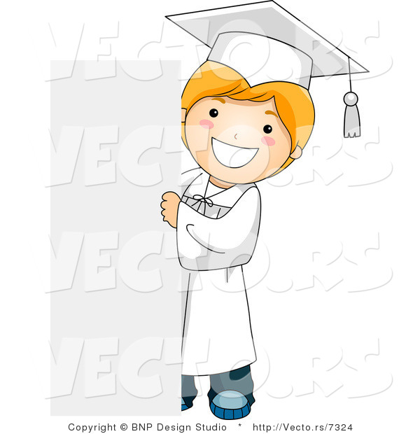 Vector Cartoon of Happy Graduate Boy Standing Beside Blank Sign