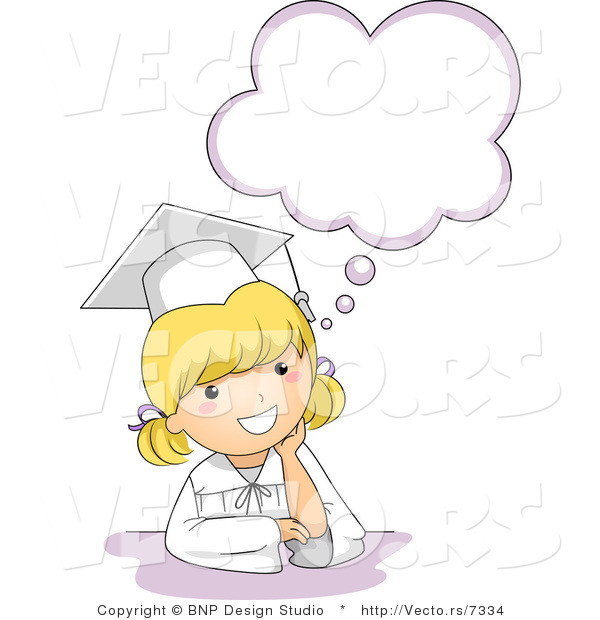 Vector Cartoon of Happy Graduate Girl Below Thinking Cloud