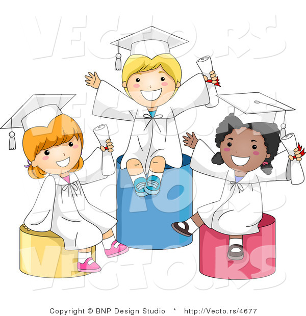 Vector Cartoon of Happy Graduation Kids Sitting on Pillars