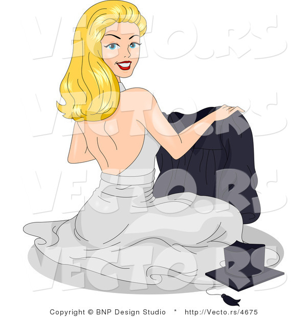 Vector Cartoon of Happy Graduation Pinup Girl Folding a Gown