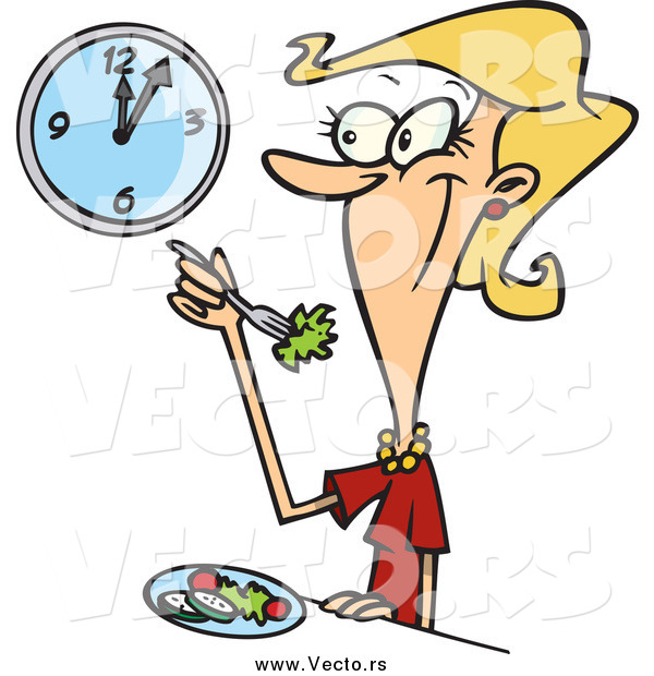 Vector Clipart of a Smiling Cartoon Lady Eating a Fresh Healthy Salad for Lunch