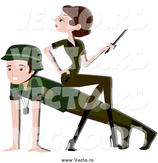 Vector Graphic of AnArmy Woman Sitting on a Man's Back While He Does Push Ups in Military Camp