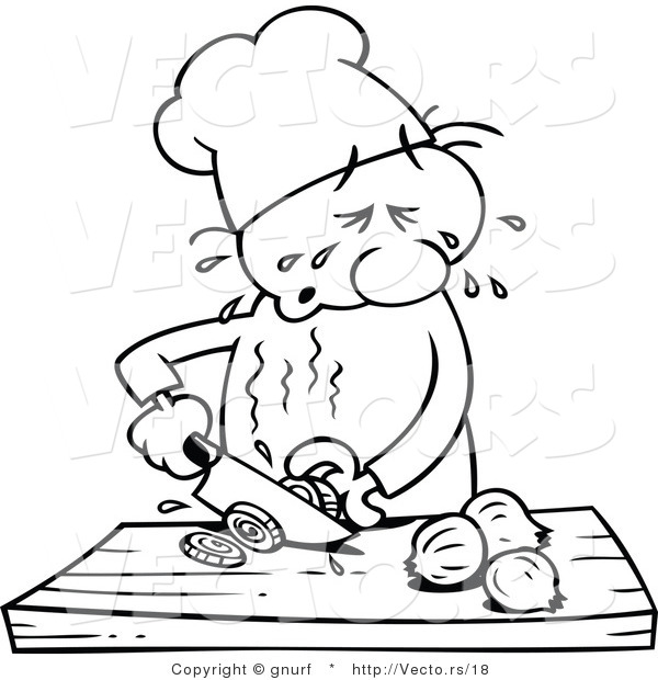 Vector Line Drawing of a Cartoon Chef Slicing Onions While Crying