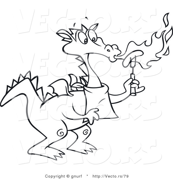 Vector Line Drawing of a Dragon Chef Blowing Flames on a Hot Dog