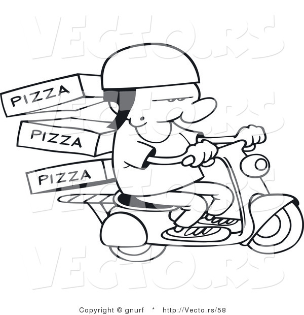 Vector Line Drawing of a Pizza Delivery Man Delivering Fresh Pizzas on a Scooter