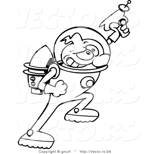 Vector Line Drawing of a Super Hero Cartoon Astronaut Aiming a Ray Gun
