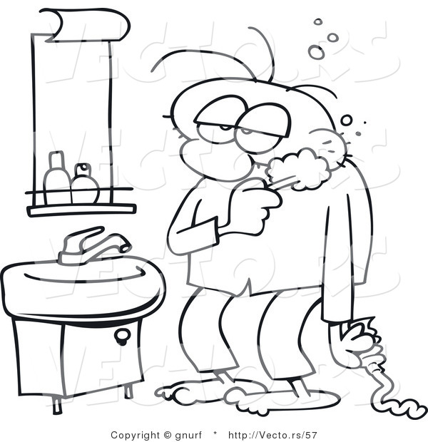 Vector Line Drawing of a Tired Guy Brushing His Teeth in the Bathroom