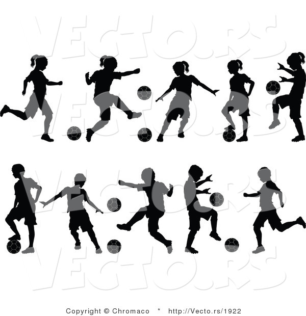 Vector of 10 Unique Silhouetted Boys and Girls Playing Soccer Ball
